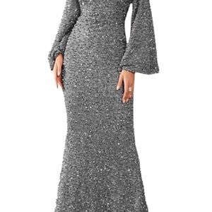 NEW Elegant Silver Evening Gown Bell Sleeves Size M